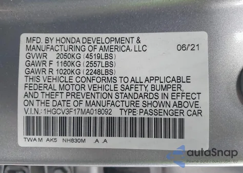 2021 Honda Accord Hybrid z USA, uszkodzony, nr VIN 1HGCV3F17MA018092